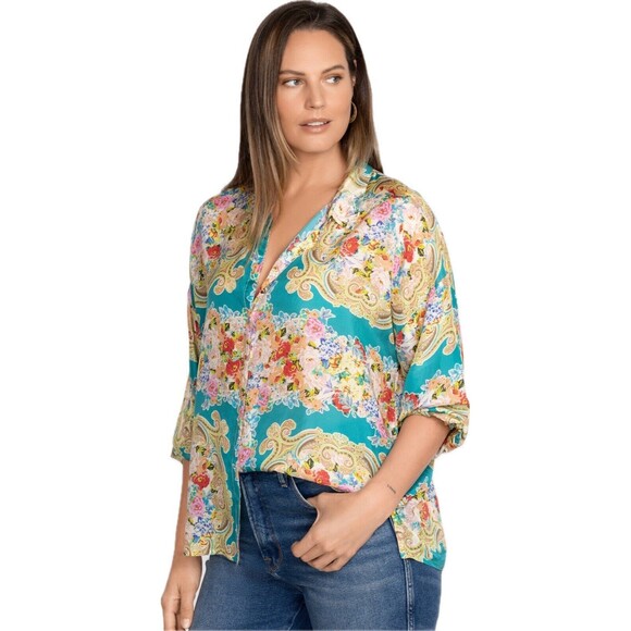 F. Johnny Was XL Top Multicolor Blouse Long Sleeve Collared NWT $248 - Picture 1 of 7